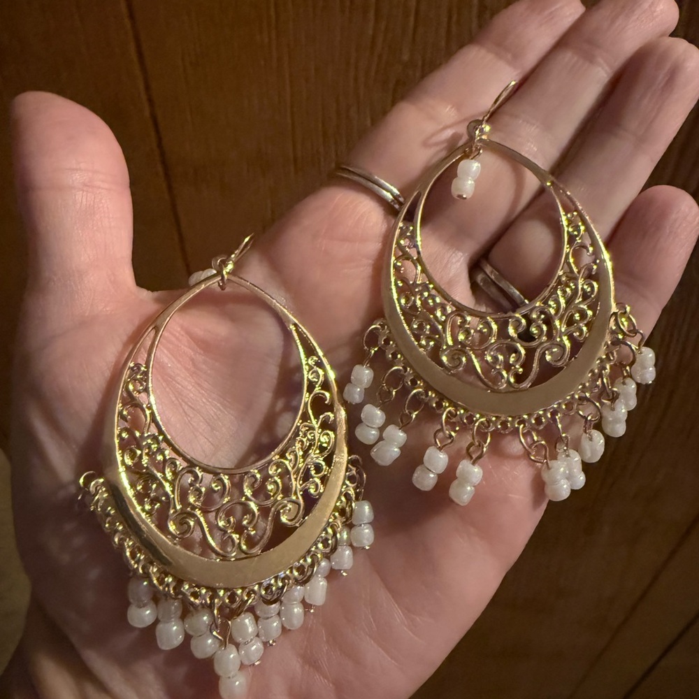 Elegant Gold Filigree Earrings with White Beads